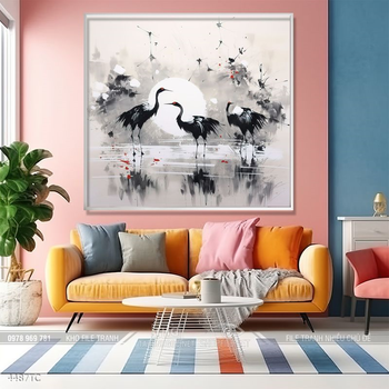 Tranh chim công trong vườn hoa mẫu đơn treo tường