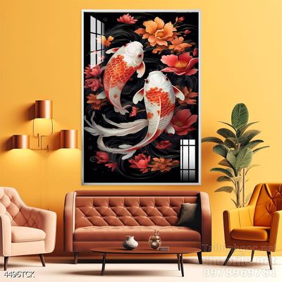 Tranh trang trí phòng khách cá chép hoa sen