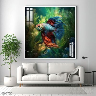 Tranh trang trí phòng khách cá chép hoa sen