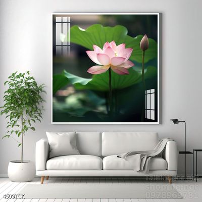 Tranh decor tường phòng khách cá chép hoa sen