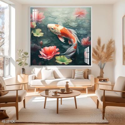 Tranh decor tường phòng khách cá chép hoa sen