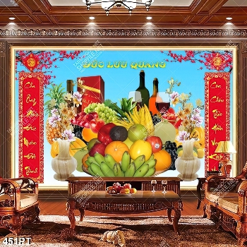 Tranh thờ gắn tường mâm ngũ quả và cành đào đỏ file gốc
