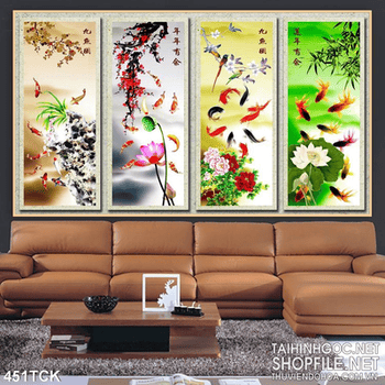 Tranh hoa sen, cá chép tùng,trúc,cúc,mai