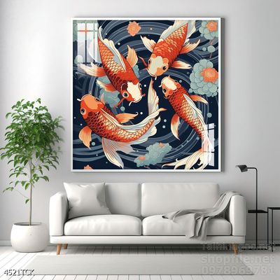 Mẫu tranh decor tường cá chép hoa sen