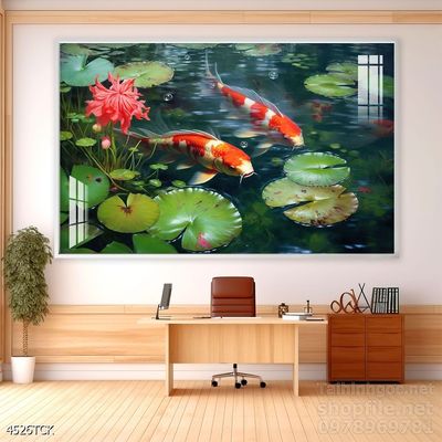 Tranh decor tường phòng khách cá chép hoa sen