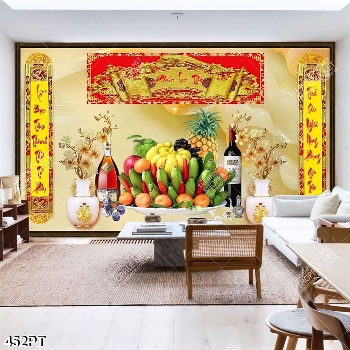Tranh thờ thư pháp bình hoa và mâm ngũ quả in kính