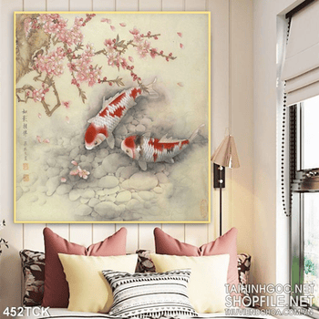 Tranh hoa sen, cá chép mùa xuân