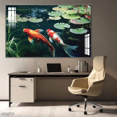 Tranh decor tường phòng khách cá chép hoa sen