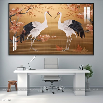 Tranh treo tường hoa mẫu đơn và đôi chim công khổ dọc