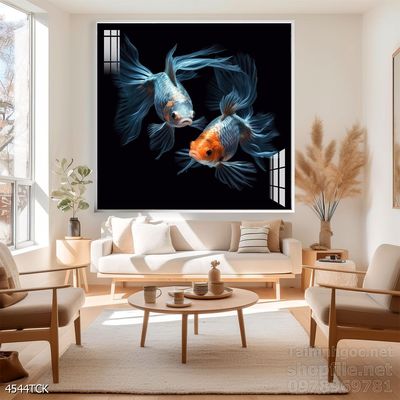 Tranh decor tường phòng khách cá chép hoa sen