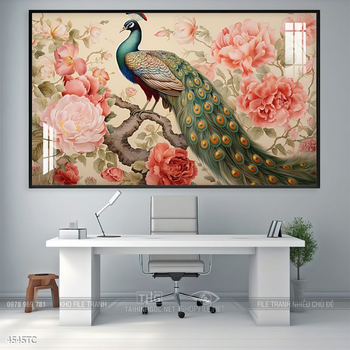 Tranh hoa mẫu đơn và chim công