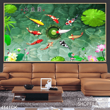 Tranh hoa sen, cá chép quần tụ phong thủy