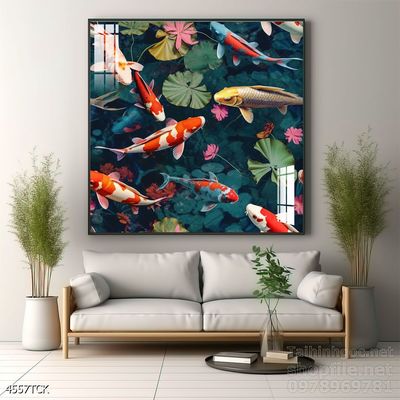 Mẫu tranh decor tường cá chép hoa sen