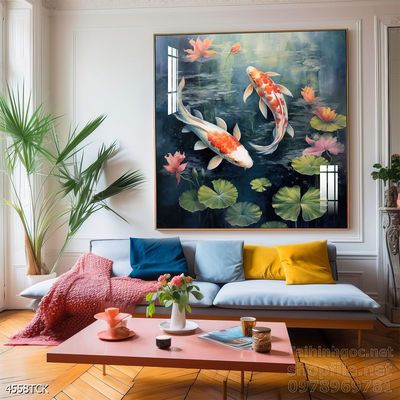 Tranh trang trí phòng khách cá chép hoa sen