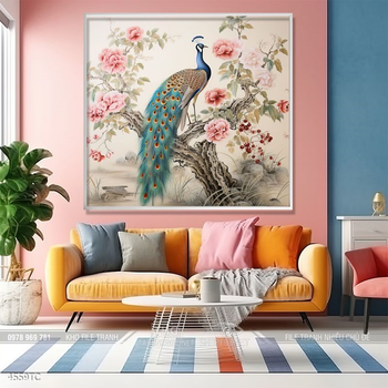 Tranh phòng khách chim công và hoa mẫu đơn treo tường