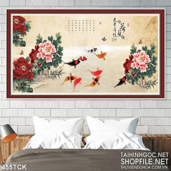 Tranh hoa sen, cá chép thư pháp phong thủy