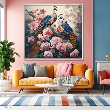 Tranh treo tường phong thủy chim công và hoa mẫu đơn