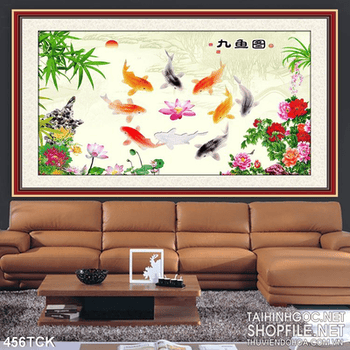 Tranh hoa sen, cá chép phong thủy đẹp