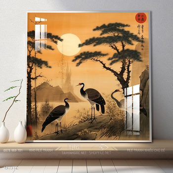 Tranh đôi chim công và hoa mẫu đơn treo tường phòng khách