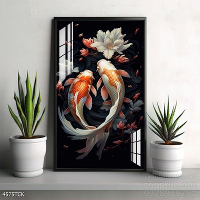 Tranh trang trí phòng khách cá chép hoa sen