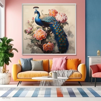 Tranh chim công hoa mẫu đơn decor trang trí tường nhà