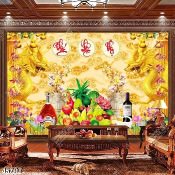 Tranh thờ song long bên mâm ngũ quả in kính file gốc
