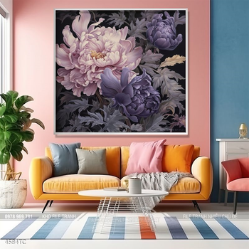 Tranh phòng khách chim công và hoa mẫu đơn treo tường