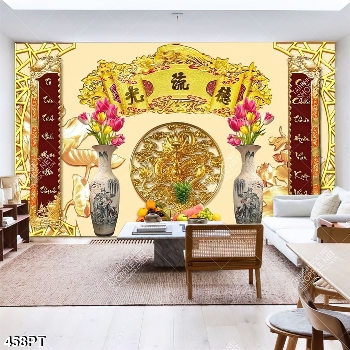 Tranh bàn thờ thư pháp bình hoa gốm và mâm ngũ quả