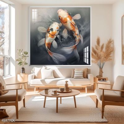 Tranh decor tường phòng khách cá chép hoa sen