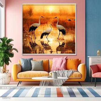 Tranh chim công hoa mẫu đơn decor trang trí tường nhà