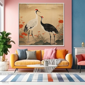 Tranh hoa mẫu đơn và chim công