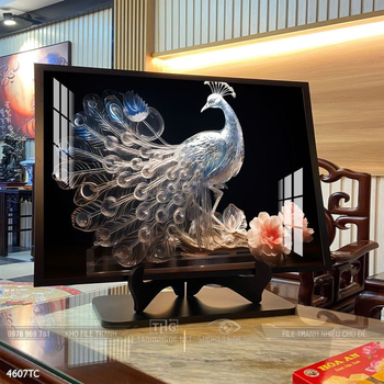 Tranh treo tường hoa mẫu đơn và đôi chim công khổ dọc