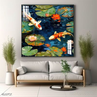 Mẫu tranh decor tường cá chép hoa sen
