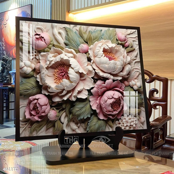 Tranh hoa mẫu đơn và chim công