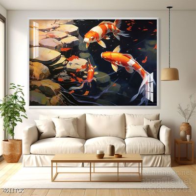 Tranh trang trí phòng khách cá chép hoa sen