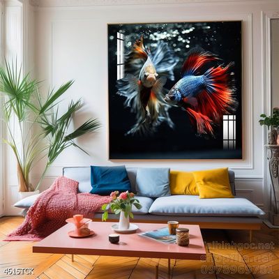 Tranh decor tường phòng khách cá chép hoa sen