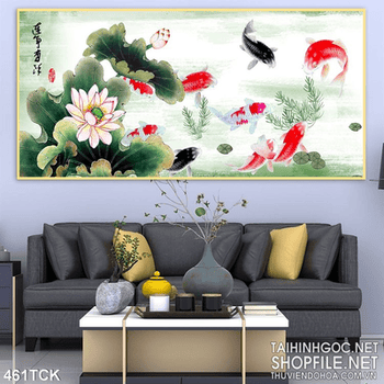 Tranh hoa sen, cá chép thuư pháp phong thủy
