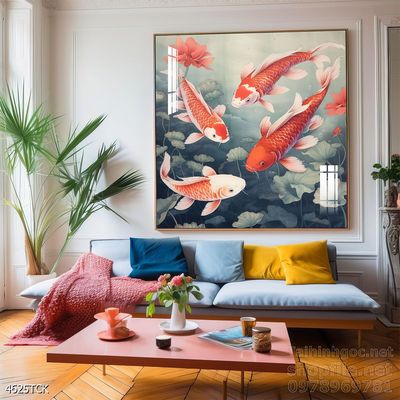 Tranh cá chép hoa sen nghệ thuật hiện đại