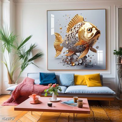 Tranh trang trí phòng khách cá chép hoa sen