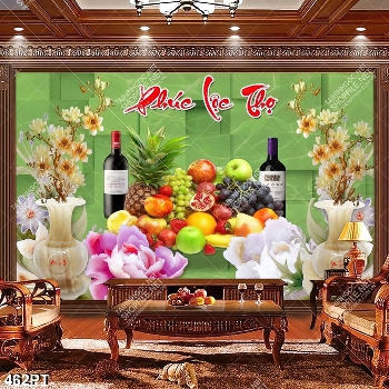 Tranh bàn thờ hoa giả ngọc và mâm ngũ quả