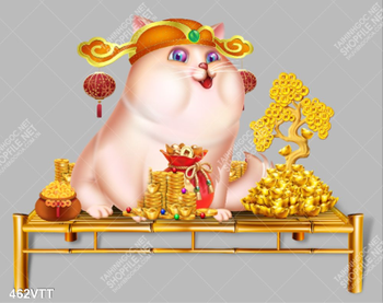 Tranh mèo thần tài bên cây kim tiền trang trí tết