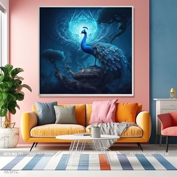 Tranh treo tường phong thủy chim công và hoa mẫu đơn