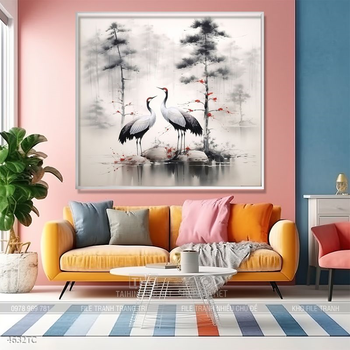 Tranh chim công hoa mẫu đơn decor trang trí tường nhà