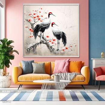 Tranh treo tường hoa mẫu đơn và đôi chim công khổ dọc