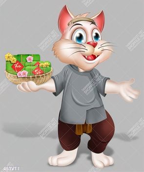 Tranh chú mèo bưng rổ bánh chưng xanh file gốc