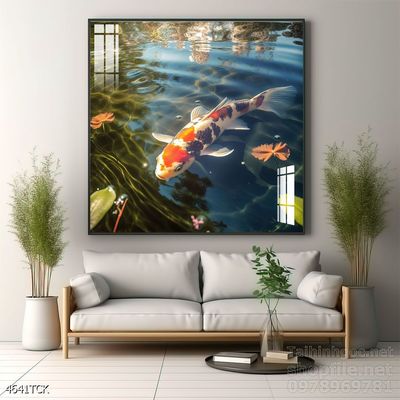 Tranh decor tường phòng khách cá chép hoa sen