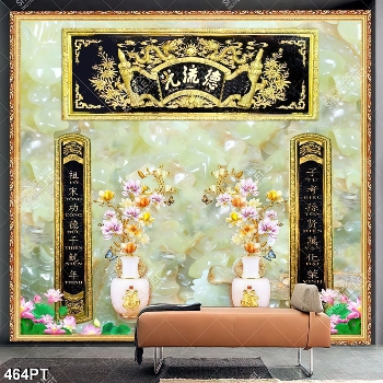 Tranh thờ nền giả ngọc và hoa sen thư pháp gắn tường