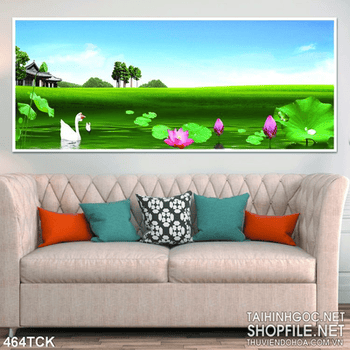 Tranh hoa sen, cá chép phong cảnh