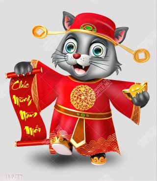 Vector mèo thần tài cầm câu đối đỏ 