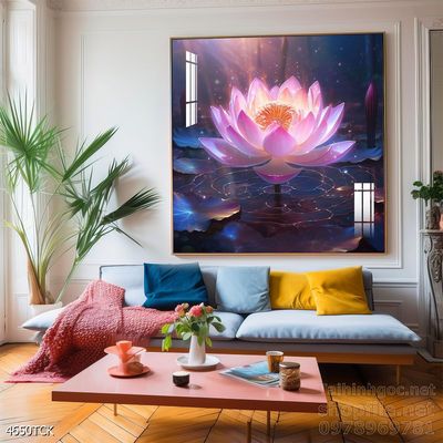 Tranh decor tường phòng khách cá chép hoa sen